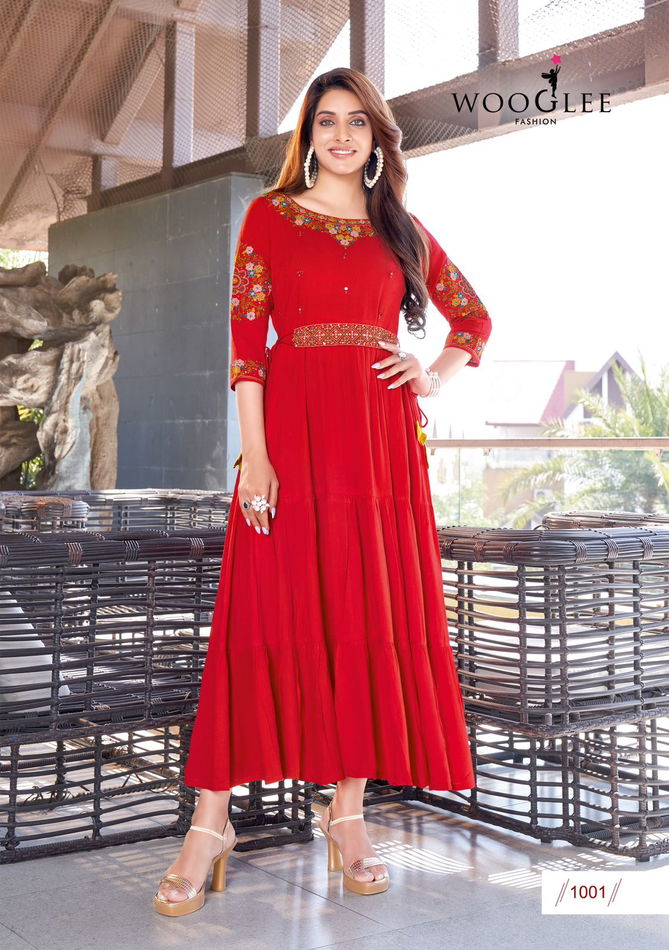 Wooglee Nirja Embroidery Long Party Wear Kurtis Catalog
